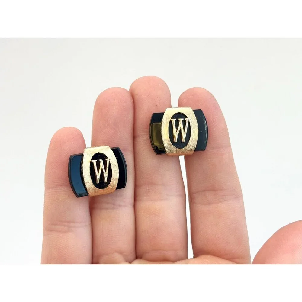 Swank Signed Black & Gold Toned W Emblem 80's Retro Square Vintage Cufflinks